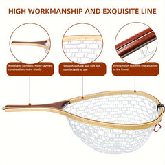 FunVZU Magnetic Trout Net Release Soft Rubber Mesh Wood Handle Safety Cord