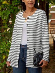 Plus Size Stripe Print Button Up Long Sleeve Tunic Shirt