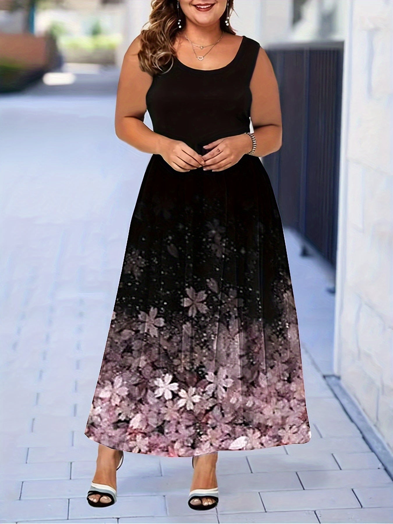 Floral Tank Dress Round Neck Maxi A-line