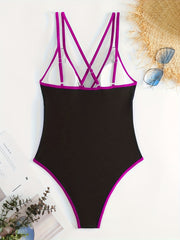Deep V Neck One Piece Bathing Suit with Cross Back Double Strap