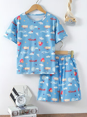 Boys Flying Elephant Airplane Pajamas Set Short Sleeve Homewear