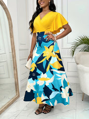 Floral Print Flutter Sleeve Dress V-Neck for Spring & Summer