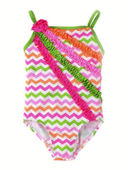 Girls Colorful Striped One Piece Swimsuit Sleeveless Swimwear