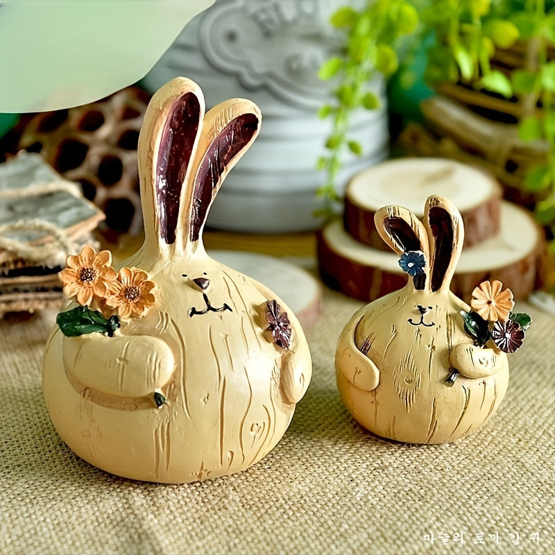 Easter Resin Decorations - Rabbit & People Picking Flowers - Rural Style