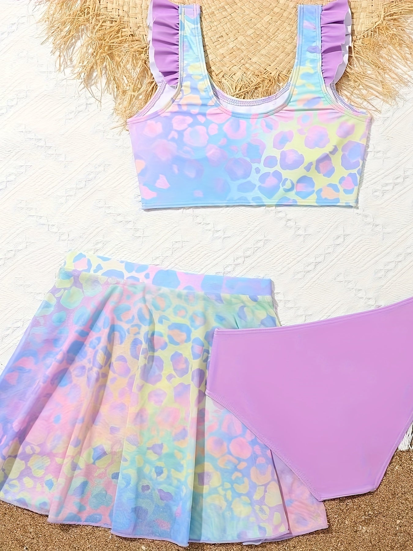 3pc Leopard Print Swimwear Set for Girls Summer Beach Wear