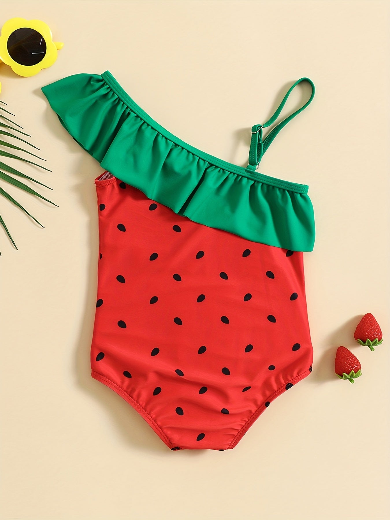 Girls Watermelon Print One Piece Swimsuit Asymmetrical Straps