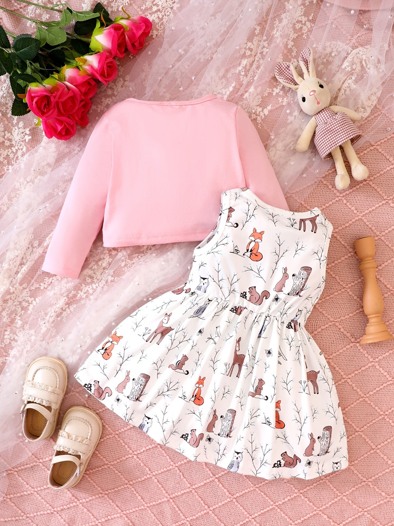 Cartoon Graphic Dress & Cardigan Set for Baby Girl
