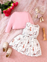 Cartoon Graphic Dress & Cardigan Set for Baby Girl
