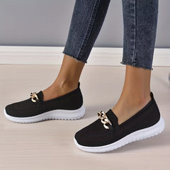 Women's Knitted Flat Shoes with Metal Chain Slip On Casual Walking Shoes