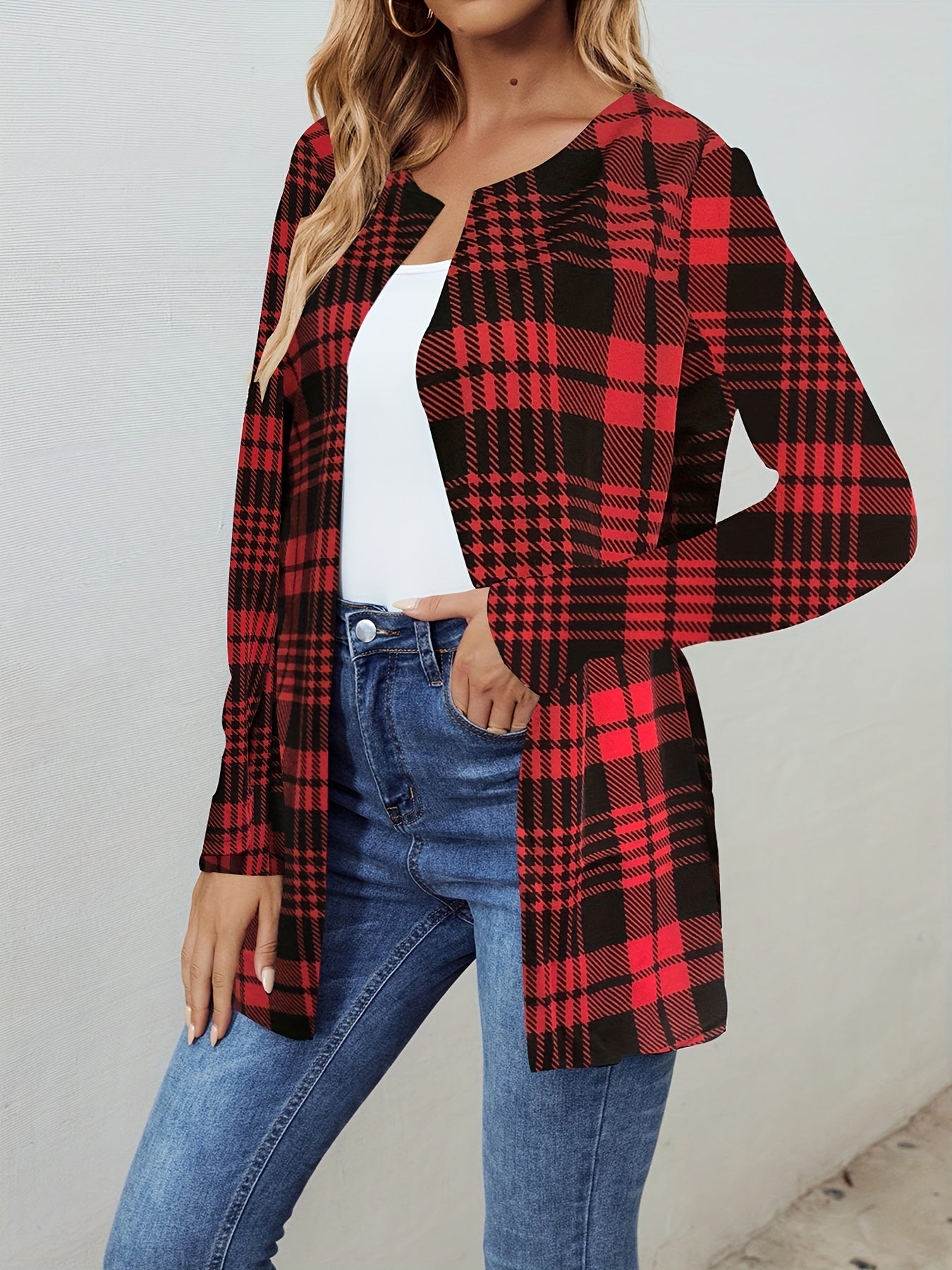Plaid Print Open Front Jacket Long Sleeve for Spring & Fall