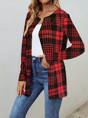 Plaid Print Open Front Jacket Long Sleeve for Spring & Fall