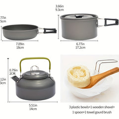 Portable Picnic Cookware Set with Aluminum Kettle, Pan, Pot & Utensils