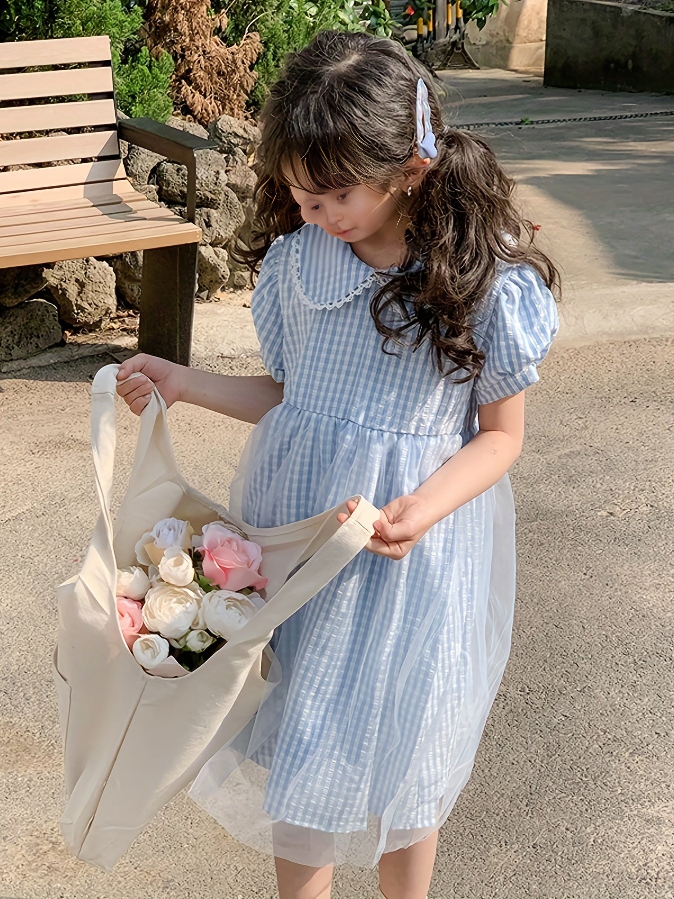 Girl's Plaid Bubble Sleeve Princess Dress for Summer Party