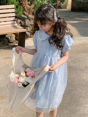 Girl's Plaid Bubble Sleeve Princess Dress for Summer Party