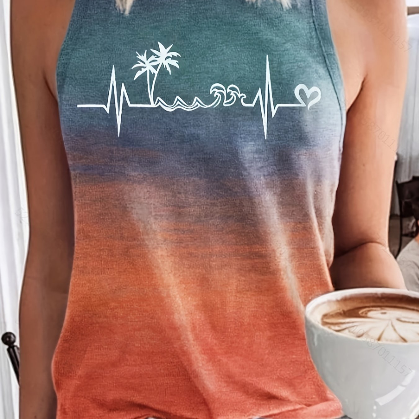 Graphic Print Tank Top Round Neck Casual Sleeveless Stretch