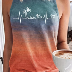 Graphic Print Tank Top Round Neck Casual Sleeveless Stretch