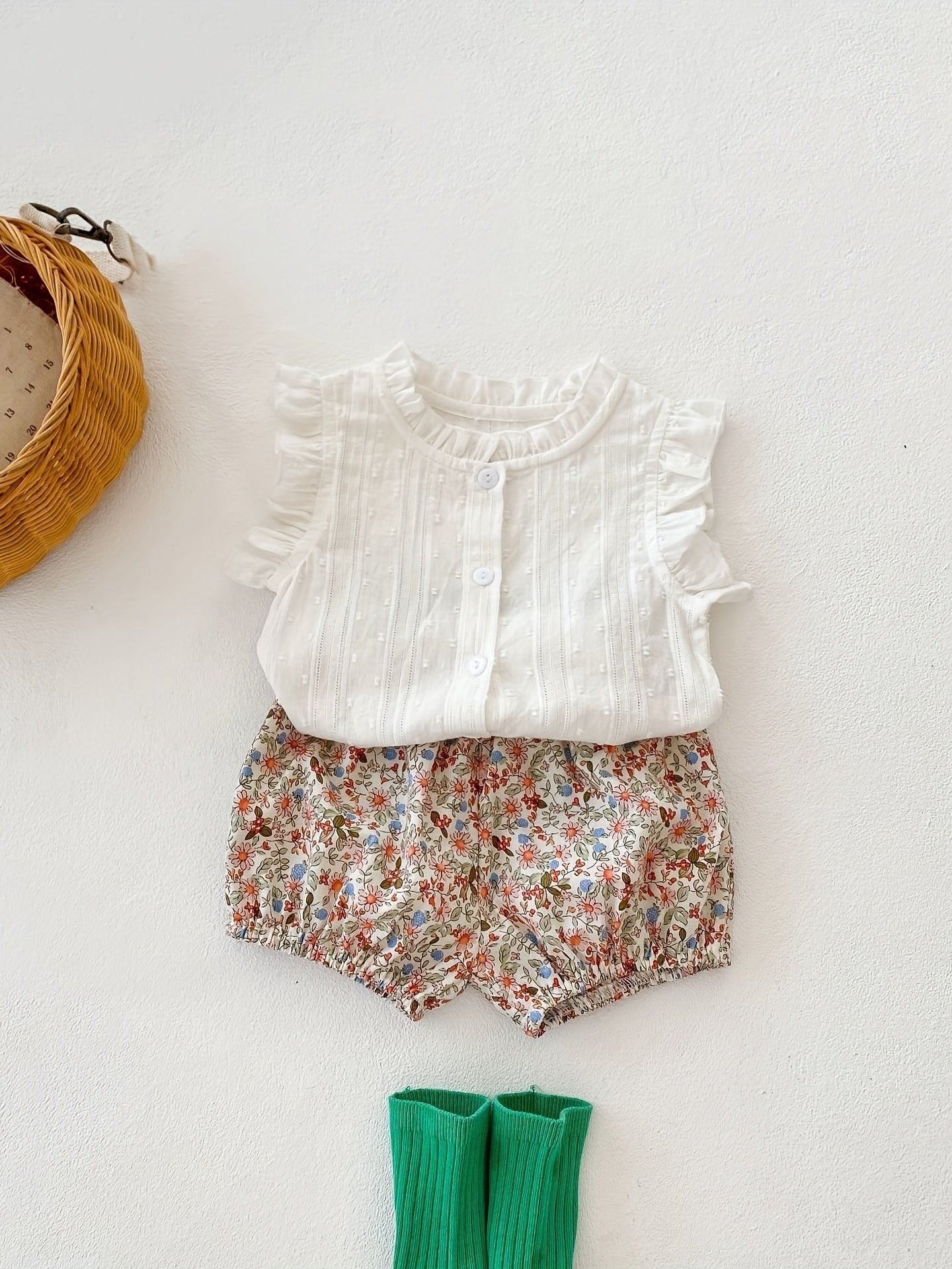 2pcs Baby Girls Sleeveless Top & Floral Print Shorts Set