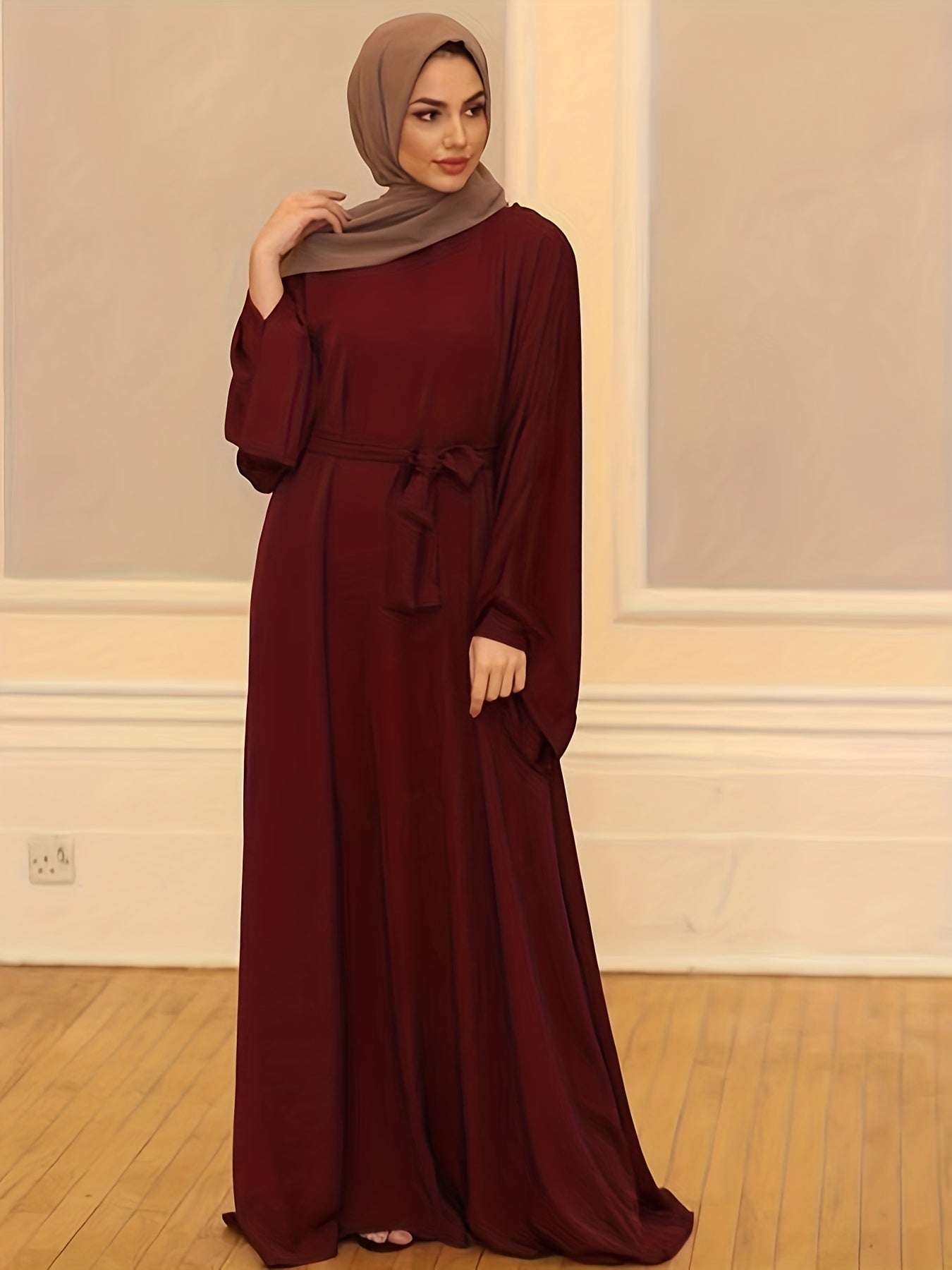 Retro Abaya Dress Women's Plus Solid Lantern Sleeve Maxi Jalabiya Dres