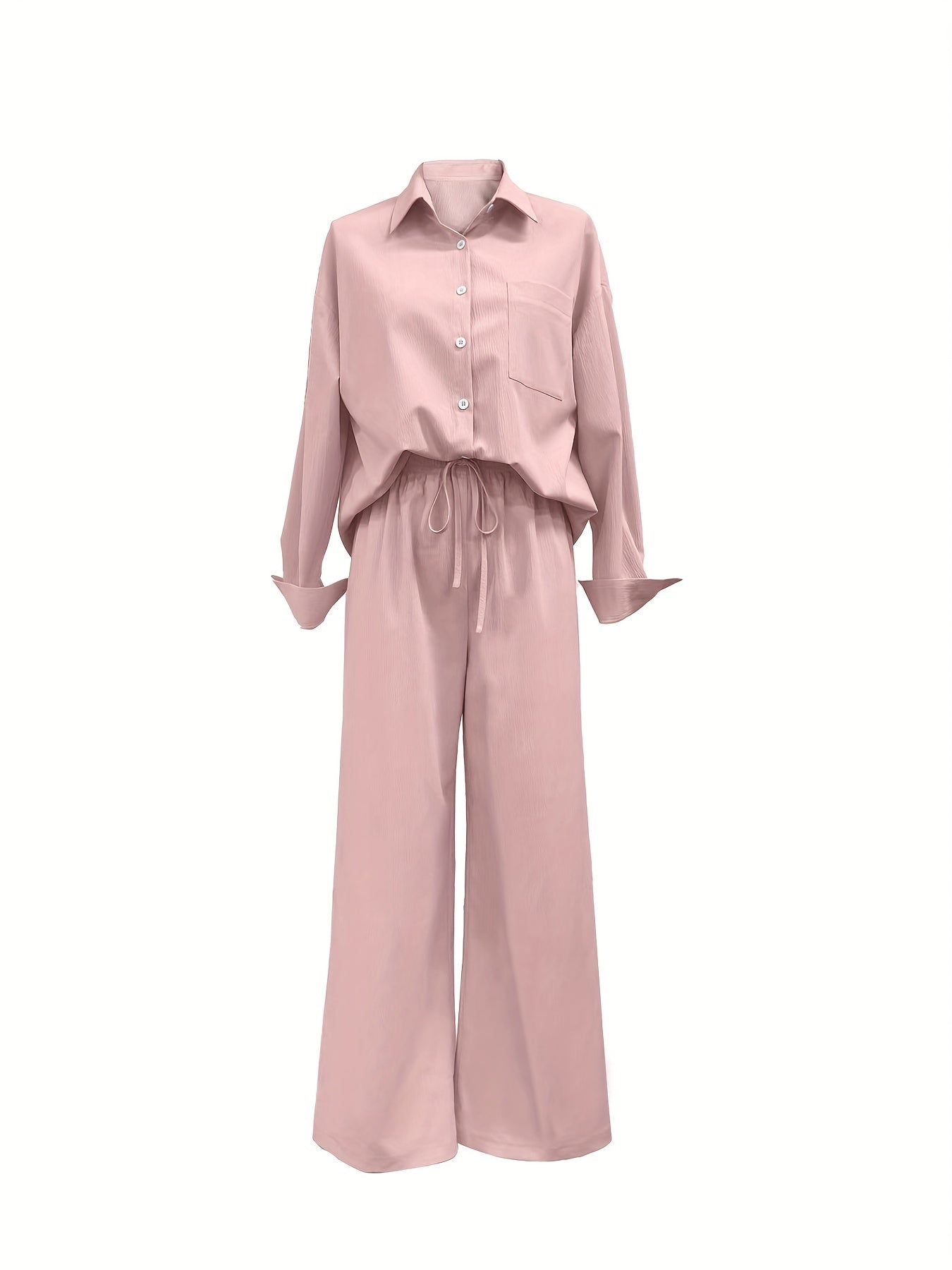 Button Front Long Sleeve Shirt & Drawstring Wide Leg Set