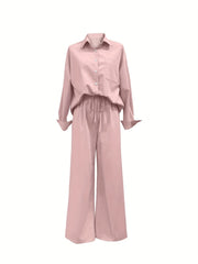 Button Front Long Sleeve Shirt & Drawstring Wide Leg Set