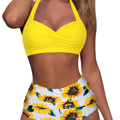 Sunflower Print Bikini Set Halter Neck High Waist Two Piece Swimsuit