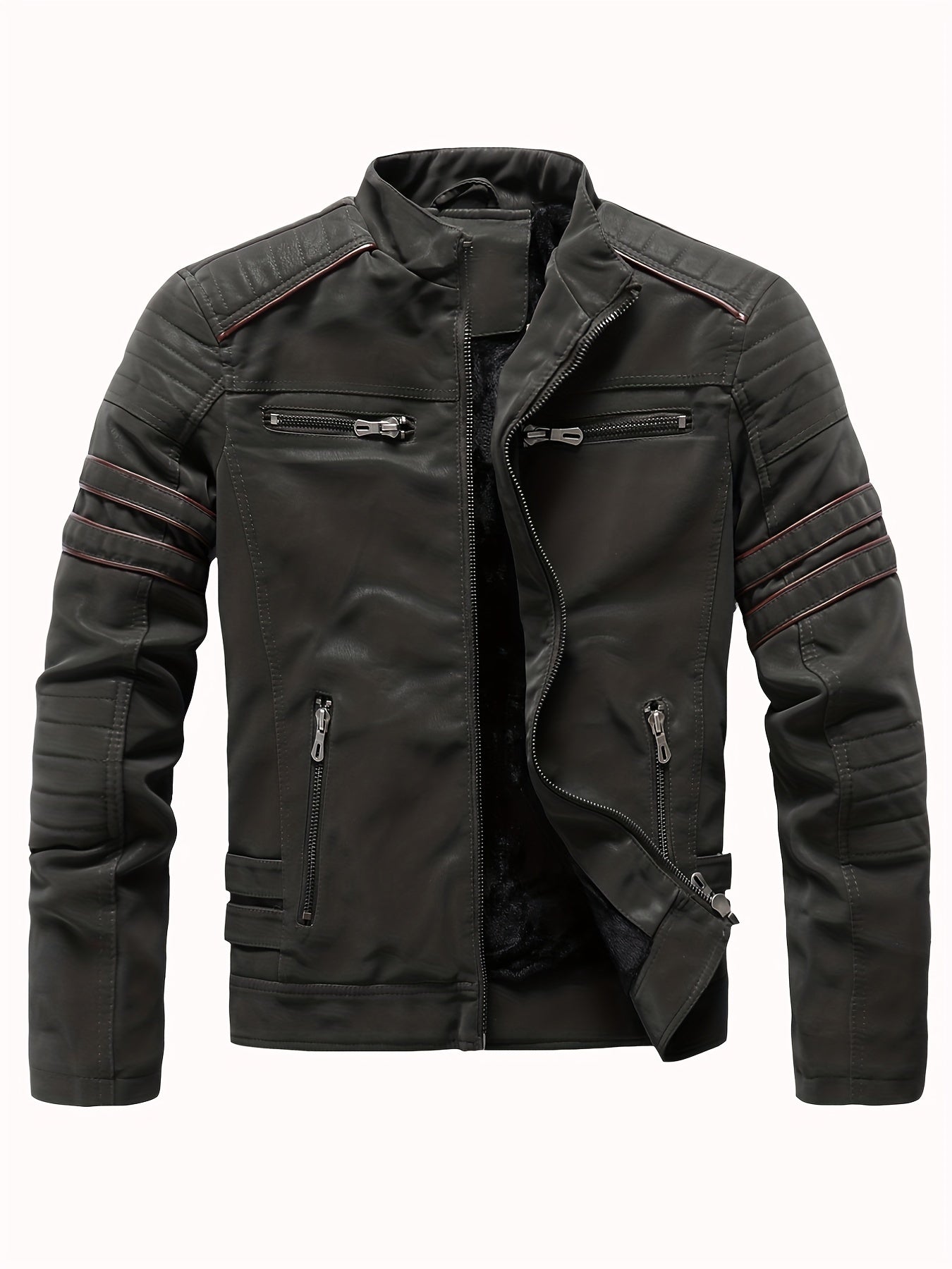 Men's Fleece Biker Jacket PU Leather Zip Up Stand Collar