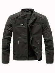 Men's Fleece Biker Jacket PU Leather Zip Up Stand Collar