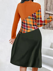 Colorblock Plaid Print V-Neck Dress