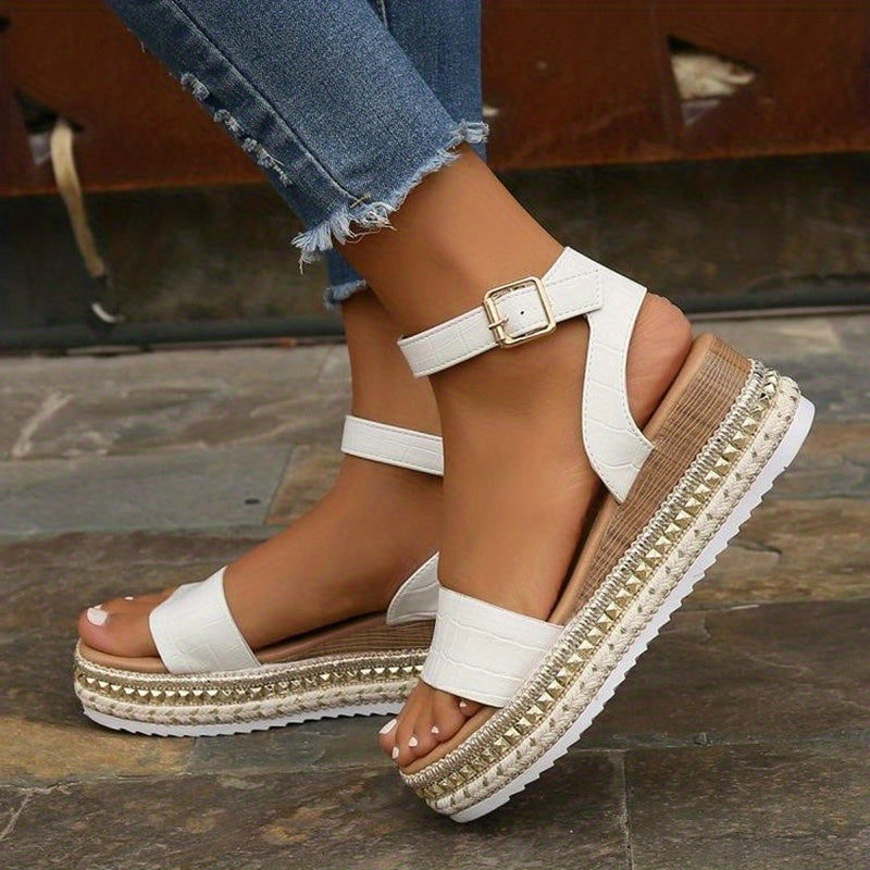 Studded Platform Sandals Ankle Buckle Strap Wedge Espadrille Sandals