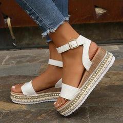 Studded Platform Sandals Ankle Buckle Strap Wedge Espadrille Sandals