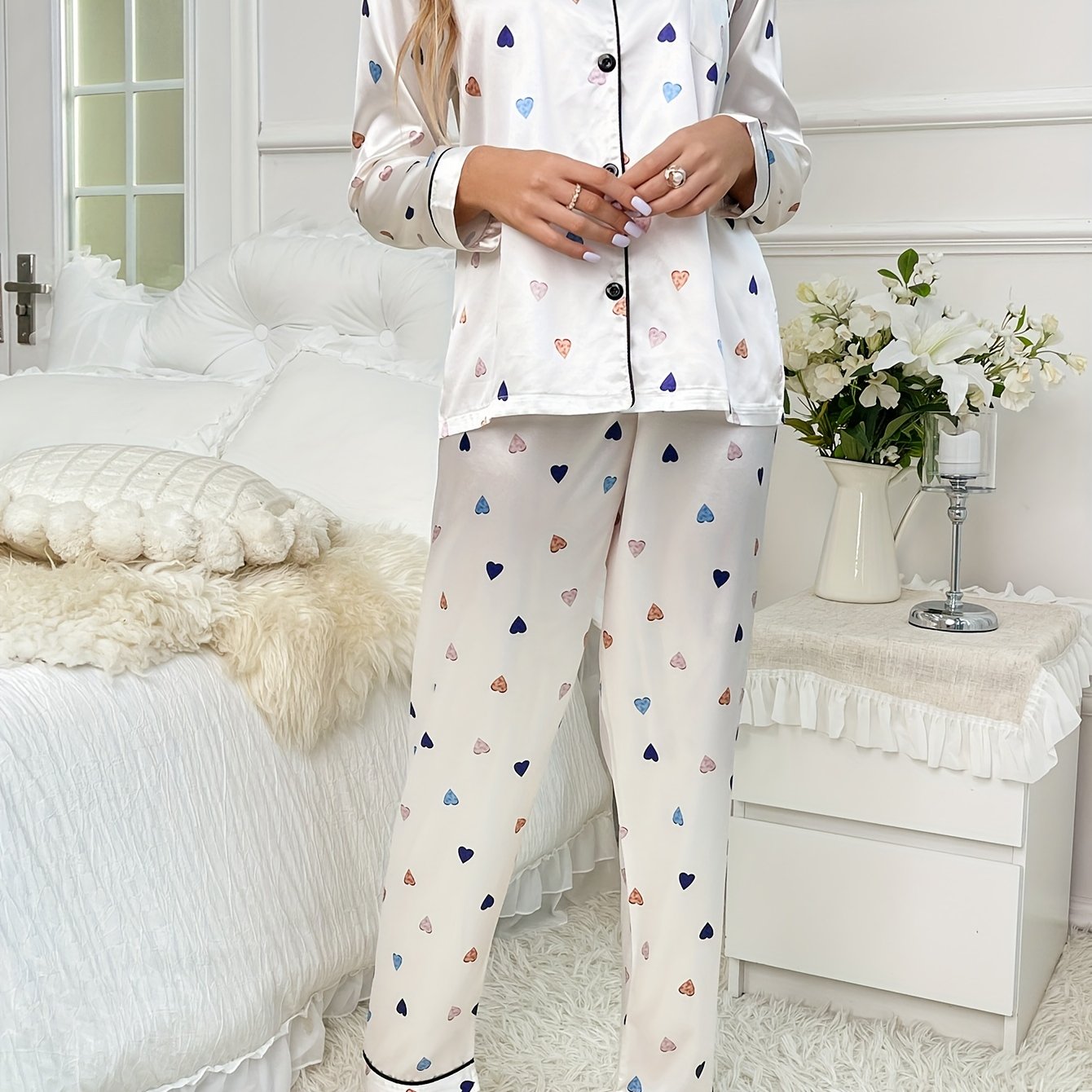 Heart Print Satin Pajamas Set Long Sleeve Top & Pants Women's Sleepwear
