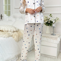 Heart Print Satin Pajamas Set Long Sleeve Top & Pants Women's Sleepwear