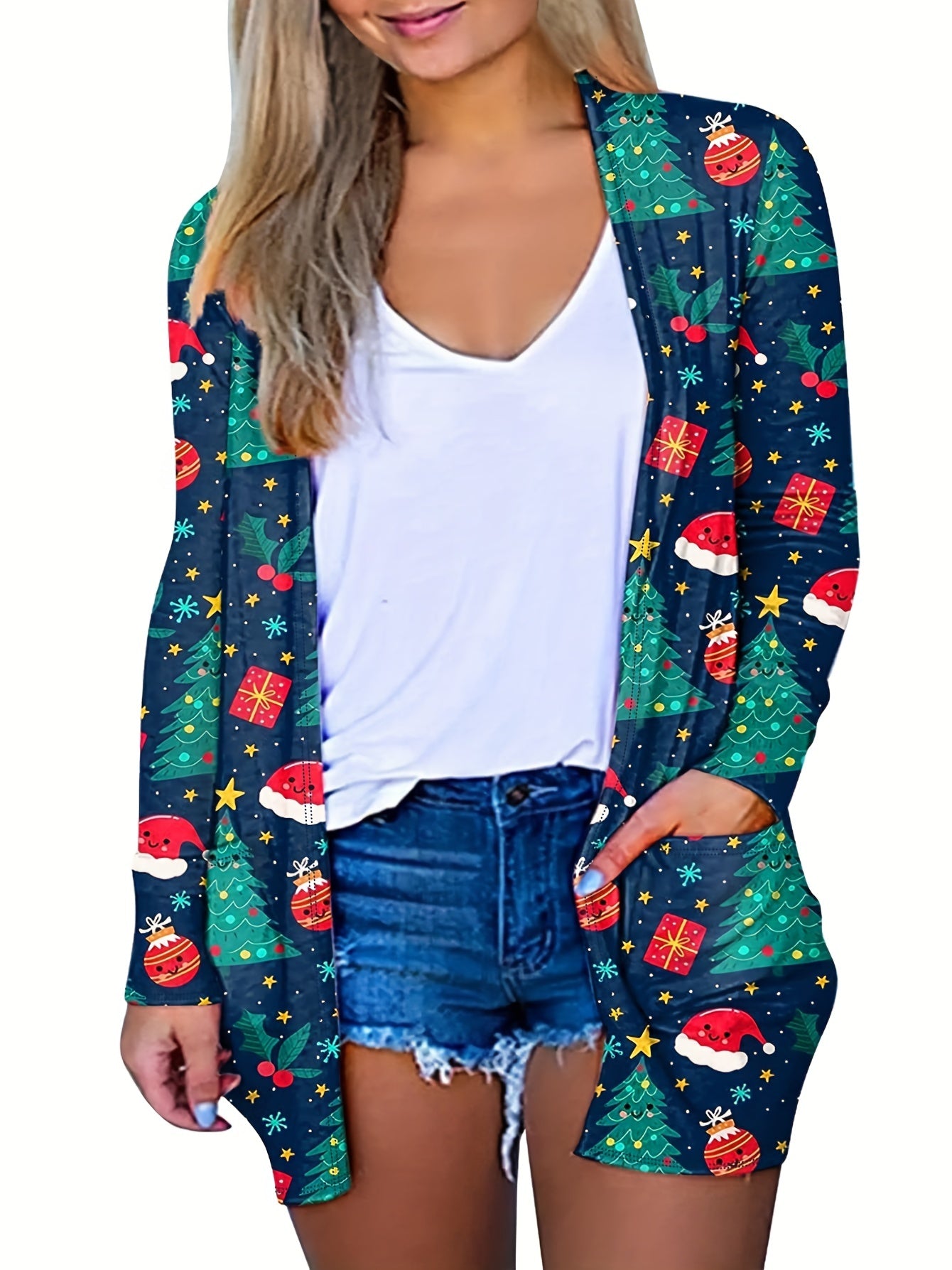 Women's Plus Bell & Snowflake Print Long Sleeve Cardigan