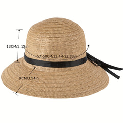 Vintage Ribbon Bowknot Straw Bucket Hat for Women