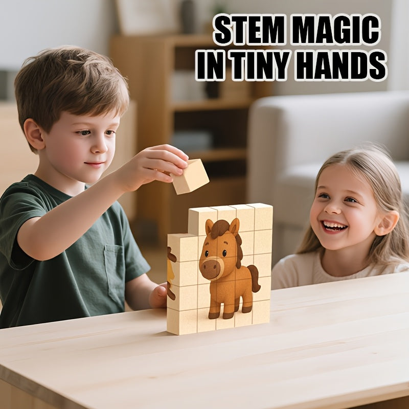 Magnetic Puzzle Toy 6 Sided Patterns Assembles into 6 Animal Designs