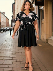 Dress Women's Plus Floral Print Flutter Sleeve V Neck Dress