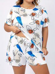 Women's Plus Abstract Face Print Short Sleeve Top & Shorts Pajamas Set