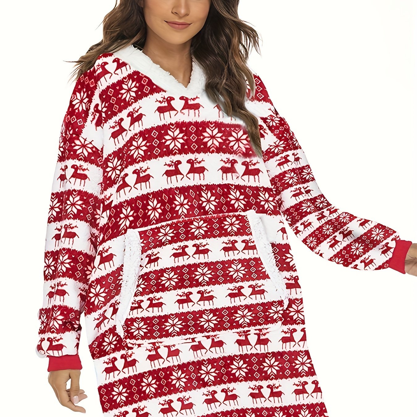 Elk Print Long Sleeve Hooded Top with Pockets Women's Loungewear