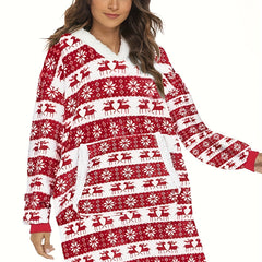Elk Print Long Sleeve Hooded Top with Pockets Women's Loungewear