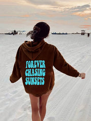 Sunset Print Hoodie Long Sleeve Drawstring Casual Sweatshirt Women