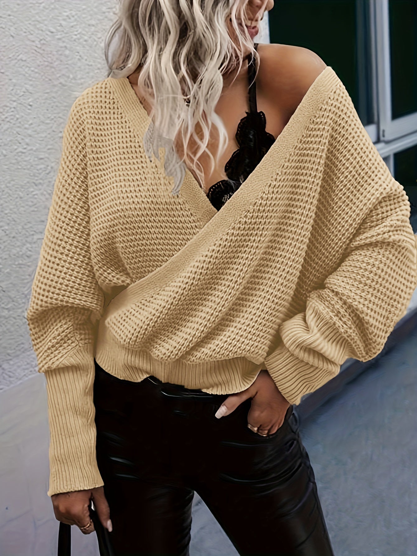 Solid Bat Sleeve Surplice Neck Jumper