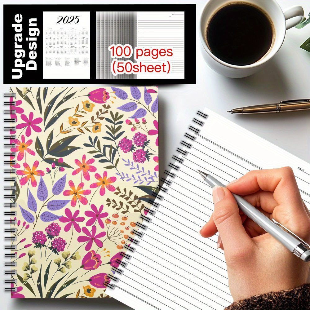 Floral Spiral Notebook Journal Pink & Purple Flower on Beige Background