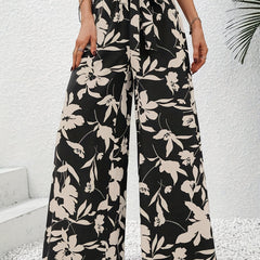 Flower Print Wide Leg Pants Tie Waist Casual Loose Spring Fall