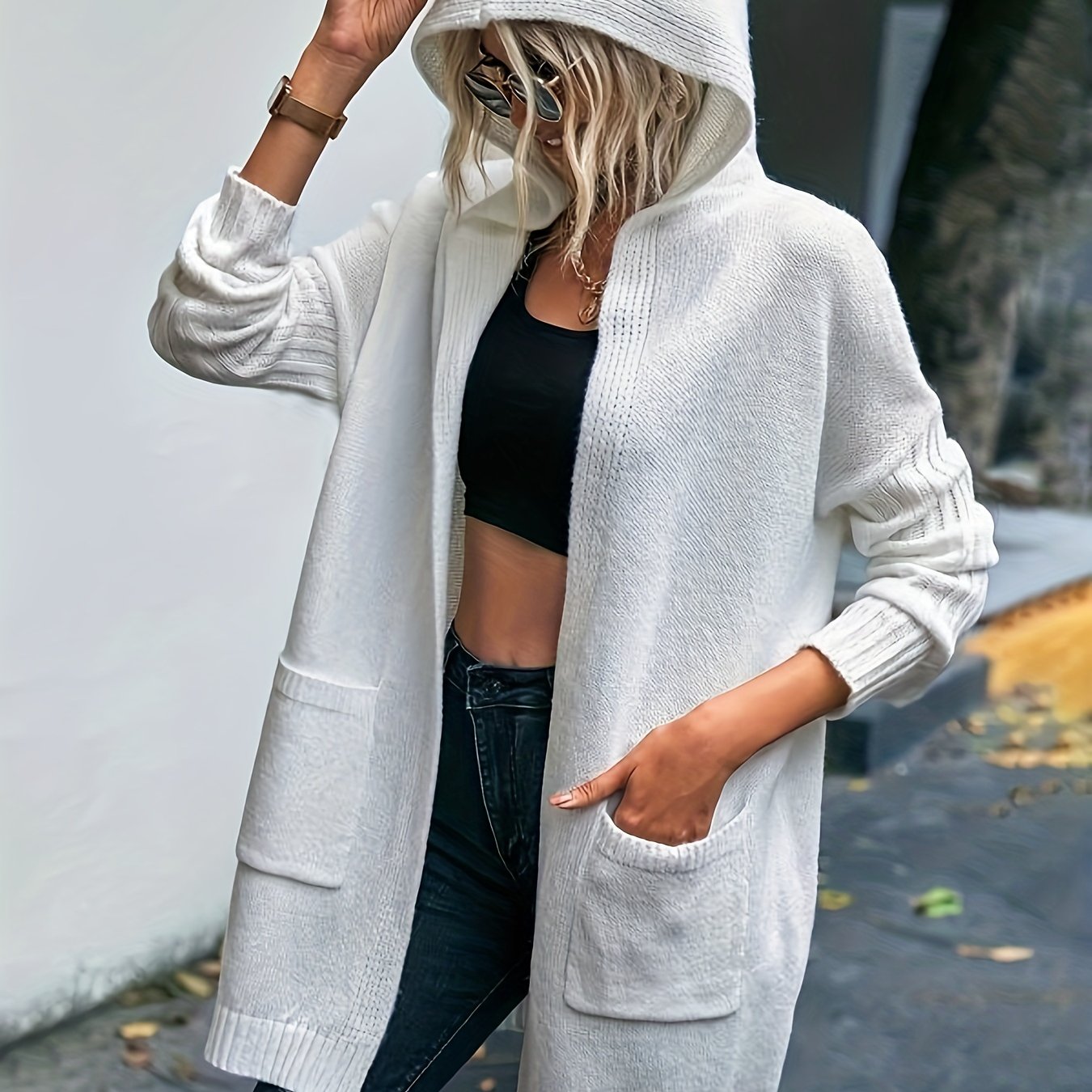 Letter & Heart Print Long Sleeve Hooded Cardigan With Pockets