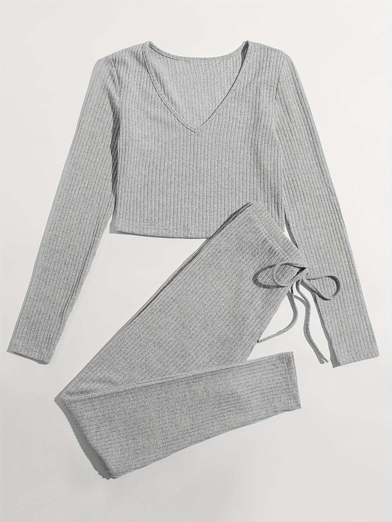 Long Sleeve V Neck Top & Lace Up Pants Lounge Set