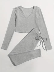 Long Sleeve V Neck Top & Lace Up Pants Lounge Set