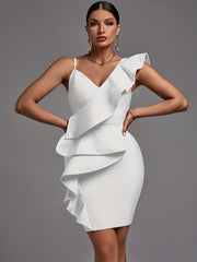 Women's Ruffle Trim Asymmetric Dress V Neck Sleeveless Party Banquet Clothing