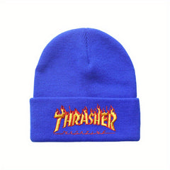 Flame Letter Embroidery Knitted Beanie Hat Winter Warmth Sports Elasticity