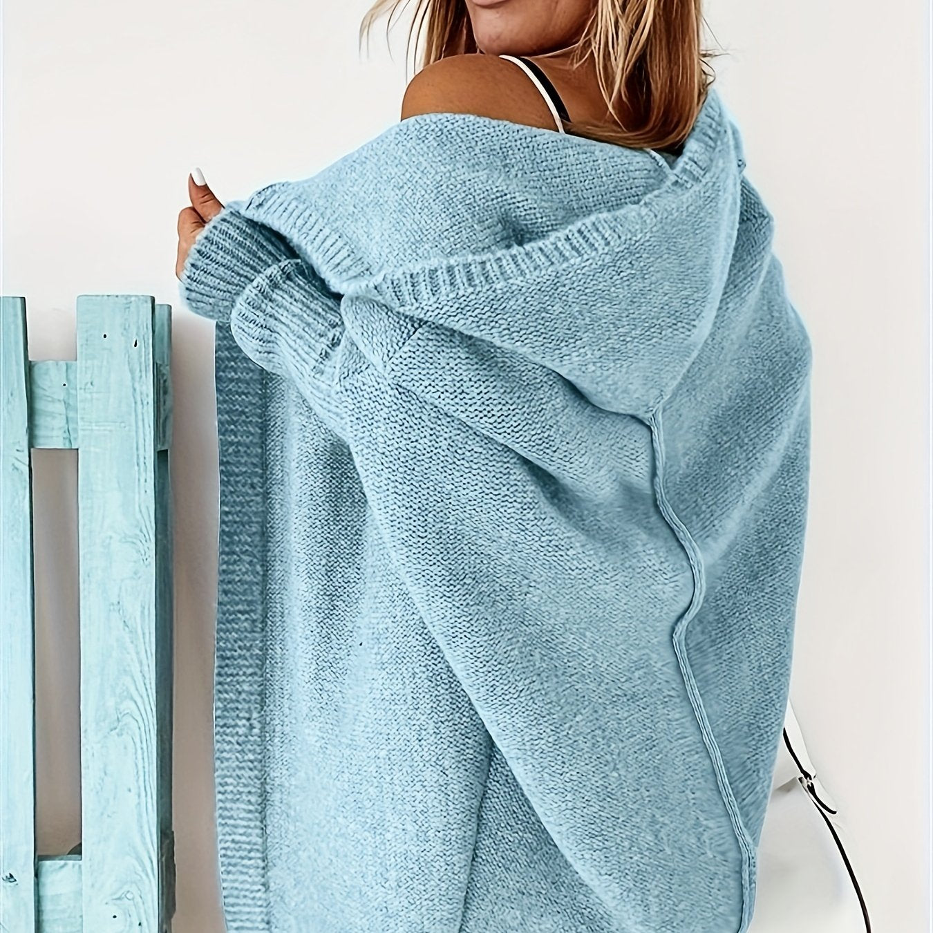 Open Front Hooded Cardigan Batwing Sleeve Mid Length Sweater