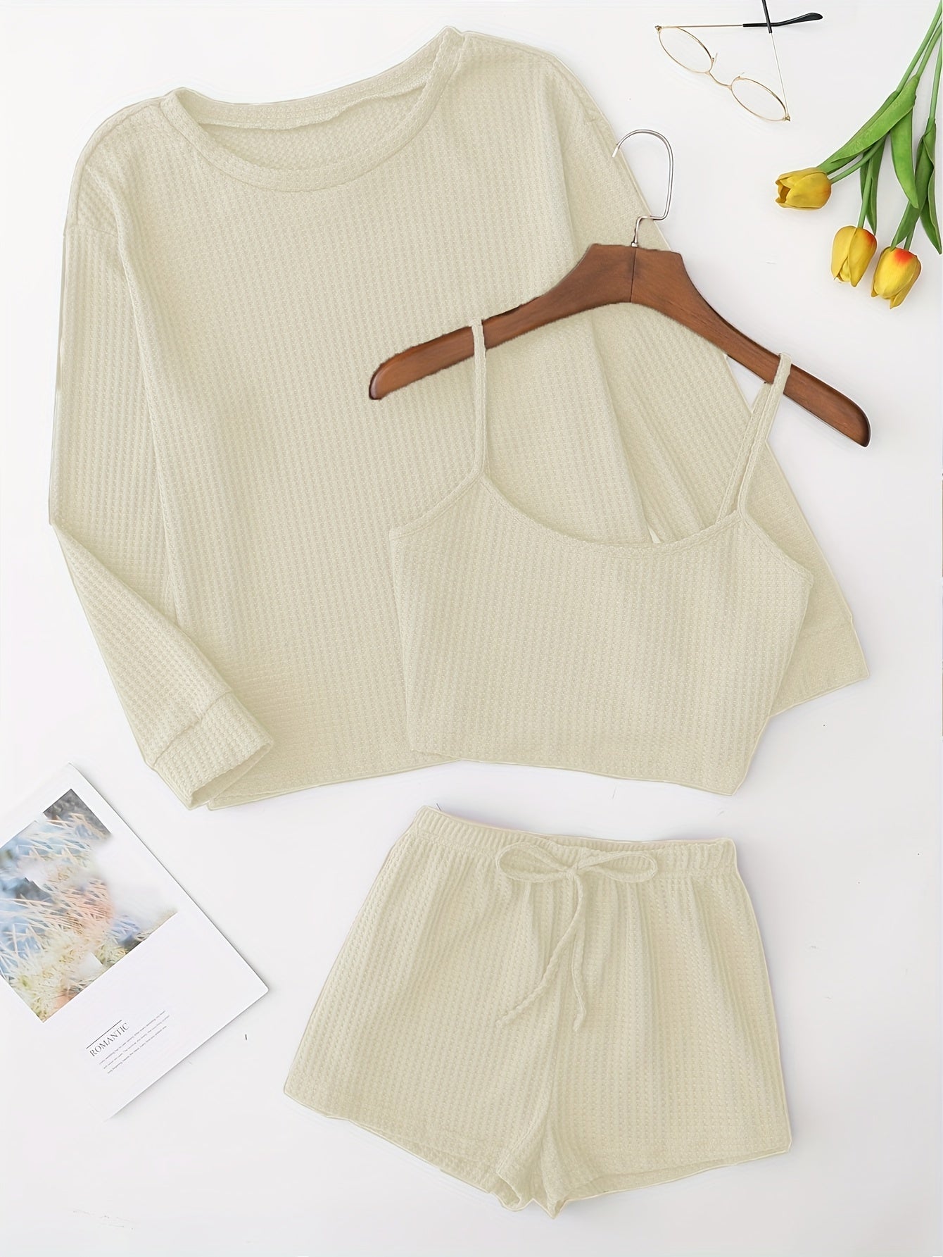 Solid Pajama Set Long Sleeve Top & Cami Top & Shorts